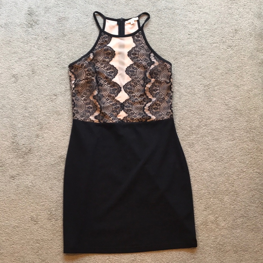 Black and beige lace formal dress